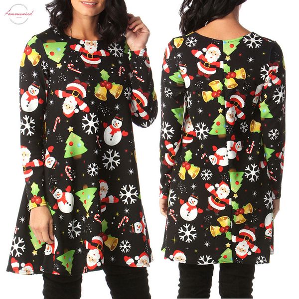 

womens vintage christmas santa printed costume a line loose swing dress women summer vintage autumn dress drop shipping, Black;gray