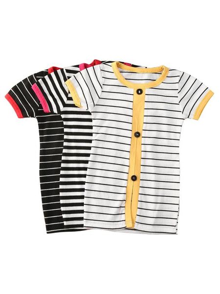 

new summer cotton girls dress striped short sleeve classical round neck button design front split wild cute princess dress, Red;yellow