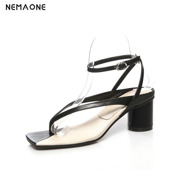 

2020 new fashion color matching women sandals genuine leather elegant square toe buckle women shoes ladies summer sandals, Black