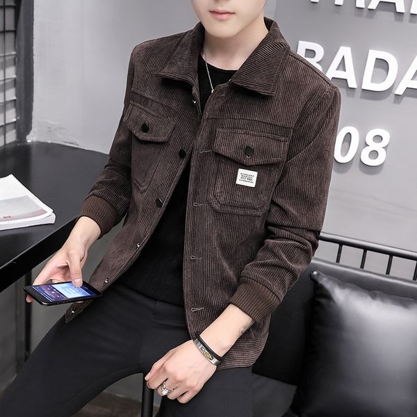 

2019 autumn new men's solid color corduroy jacket youth pocket decoration port wind casual handsome fashion slim jacket, Black;brown