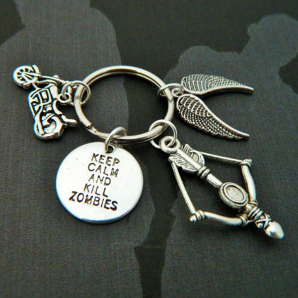 

the walking dead брелоков успокойся и убить зомби алфавит тэг мотоцикл крылья ангела лук стрелка ax шарм брелок творческий подарок ювелирных, Slivery;golden