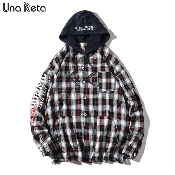 

una reta men's shirt autumn new brand hip-hop men hooded shirt streetwear plus size retro lattice long sleeve casual shirts, White;black