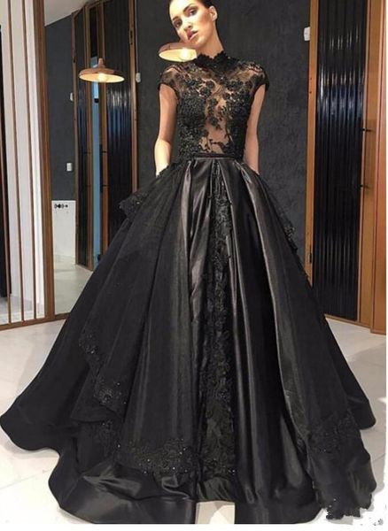 Vestidos de noiva gótico preto vintage 2019 pescoço alto capa mangas ilusão top frisado laço cetim não branco vestidos nupciais couture feito sob encomenda