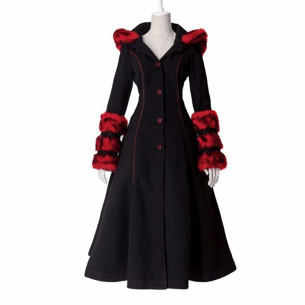 

gothic lolita style two-wear woolen imitation fur coat steampunk autumn winter fashion long sleeve hooded long jackets, Black