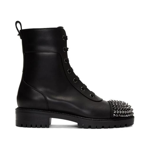 

rivet buffed calfskin boots round toe studded matte leather black lace up booties low heel zipper ankle biker boots fall winter