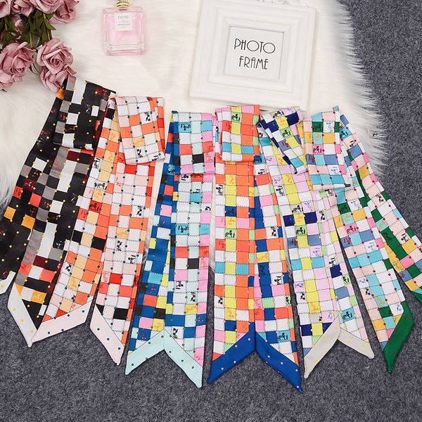 

2019 silk scarf female printing silk satin lady tie bag handle ribbon scarf, Blue;gray