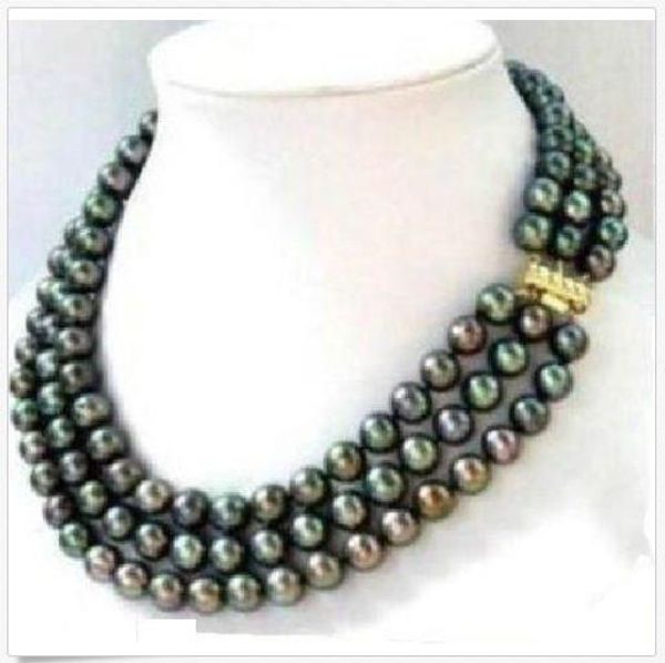 

triple strands 9-10mm natural south sea black pearl necklace 18" 14k gold clasp, Silver