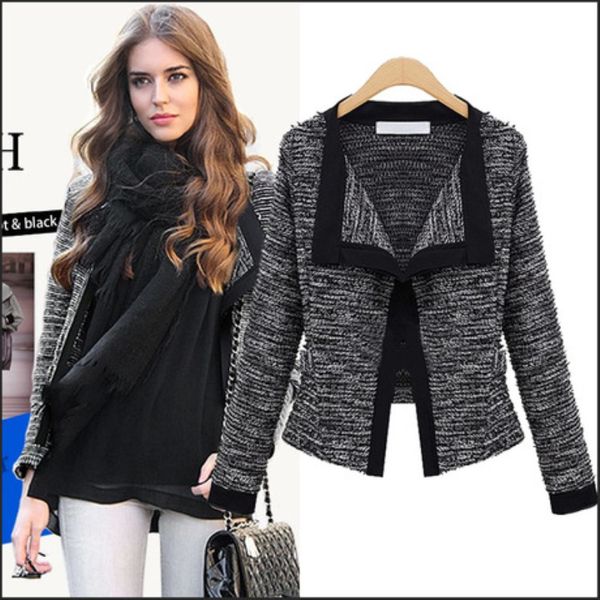 

2019 autumn elegant women blazers v-neck long sleeve formal black woolen jackets plus size casaco patch knot slim women, White;black