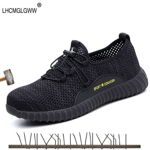 

safety shoes for men steel toe boots outdoor prevent puncture steel bottom construction safety work boots breathable sneakers, Black