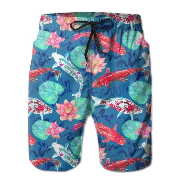 

men's beach short swim shorts koi carp swimming waves lotus flowers surfing maillot de bain sport men's board shorts swimwear, White;black
