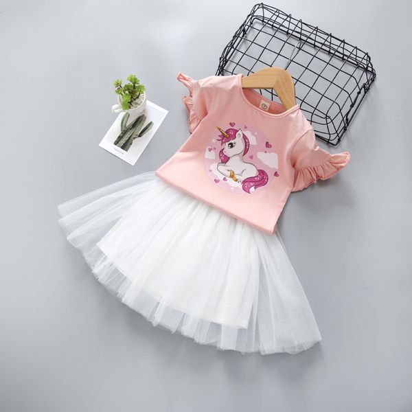 

kids designer clothes girls summer new suit korean-style cartoon short-sleeved t-shirt western style fluffy mesh skirt two-piece foreign tra, White