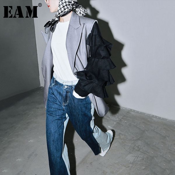 

eam] women gray contrast color split ruffles blazer new lapel long sleeve loose fit jacket fashion spring autumn 2020 1t270, White;black