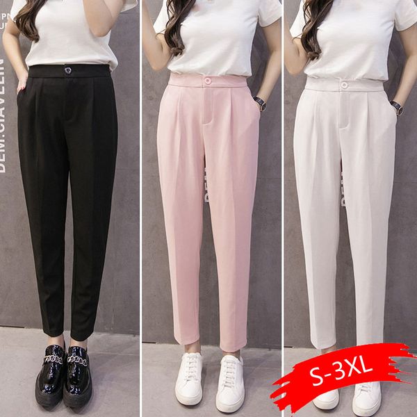 

женщины шифоновые брюки 2020 весна лето мода женская повседневная твердые elasitc талия офис леди карьера шаровары брюки панталон, Black;white