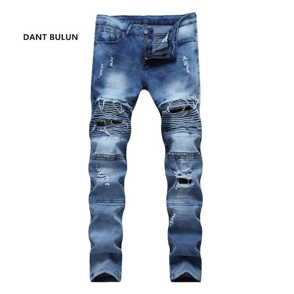 

2019 new fashion ripped jeans men with holes denim super skinny famous slim fit jean pants scratched biker jeans dropshipping, Blue