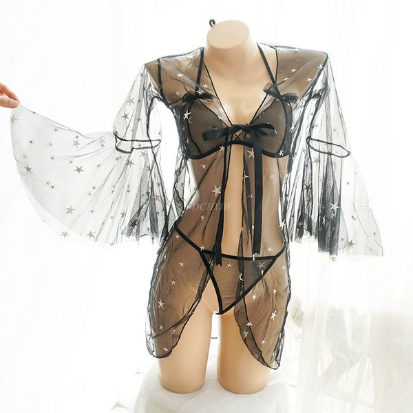 

japanese lingerie black pajamas home underwear cute three-point perspective bra underwear set pajamas for women, Black;red