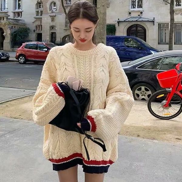 

korean loose plus size sweater women autumn winter contrast color fashion vintage twisted oversized knitted pullover sweater, White;black