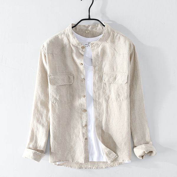 

2020 мужская с длинным рукавом полосатые рубашки твин карман summer casual shirt man 100% льняной топы y2348, White;black