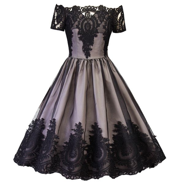 2019 A Line Black Gold Gothic Abiti da sera corti Maniche corte Lunghezza al ginocchio In pizzo Abiti da ballo per donna Abiti sexy per la madre della sposa