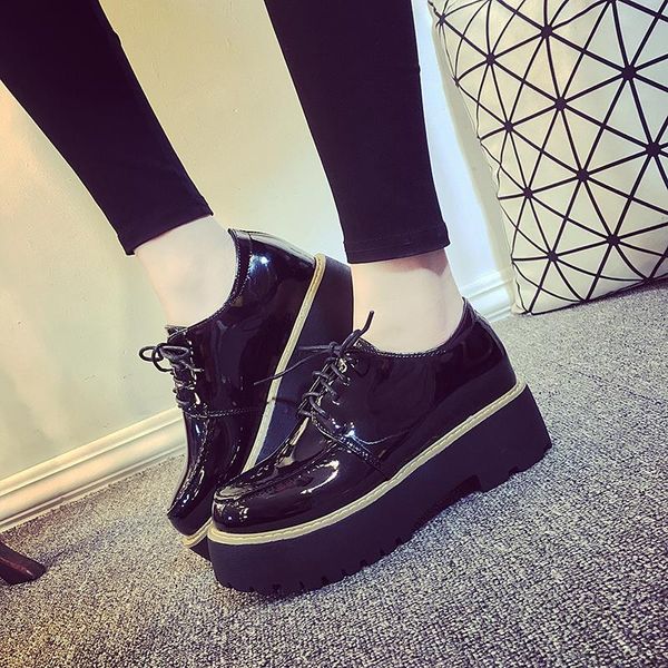 

flats women casual sapato creepers leather feminino platform toe round woman flat comfortable patent shoes oxford laenb, Black