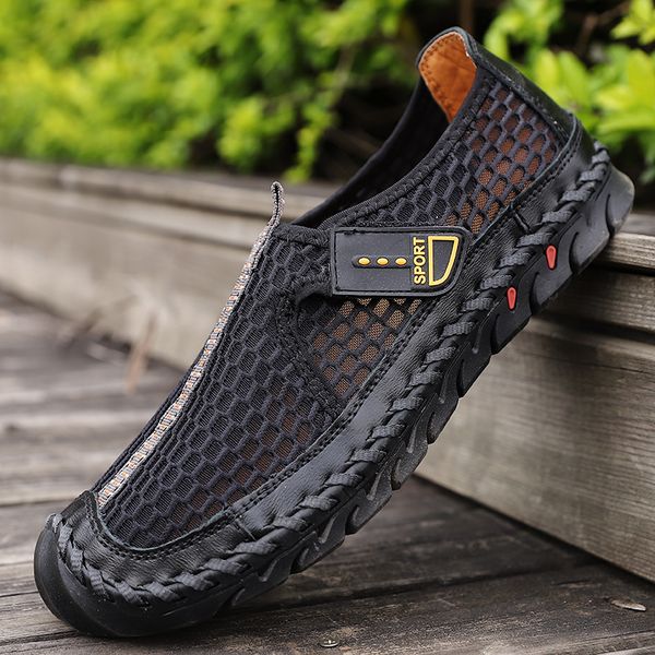 

breathable man flat loafer male driving shoes outdoor footwear handmade summer leather mesh men's walking shoes plus size 38-48