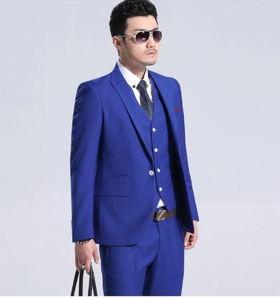 Moda Royal Blue Damat smokin Tepe Yaka Groomsmen Gelinlik Mükemmel Adam Ceket Blazer 3 Adet Suit (Ceket + Pantolon + Vest + Tie) 662