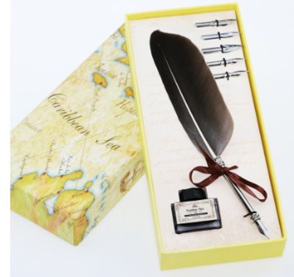 

wholesale-excellent antique quill feather dip pen writing ink set stationery gift box with 5 nib wedding gift quill pen fountain pen