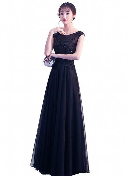 

custom made 2020 new black lace elegant a-line evening dresses lace applique shoulder bridesmaid long party prom dresses dh090, Black;red