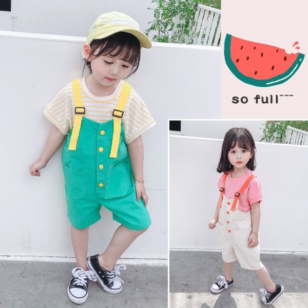 

kids designer clothes 2020 summer new korean striped short-sleeved color shorts two-piece bib suit a generation of wholesale, White