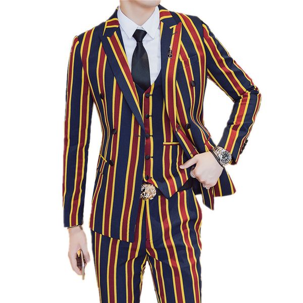 

suit + jacket + pants 3 pieces sets / fashion men business dress suits vertical stripes blazers jacket coat trousers waistcoat, White;black