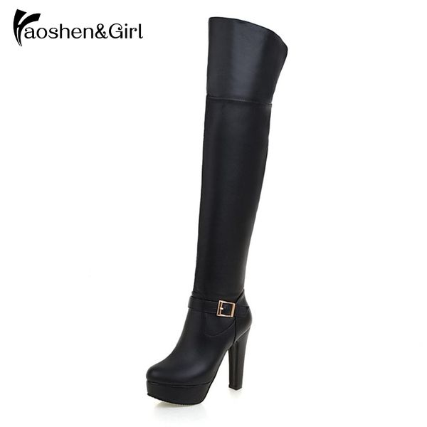 

haoshen&girl patent leather women over the knee boots zip platform winter high heel shoes women warm long boots size 33-43, Black