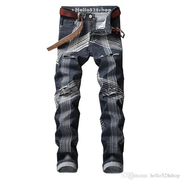 

classic mens pants stretch vintage denim jeans for man - ripped biker jean zipper regular fit trousers black, Blue
