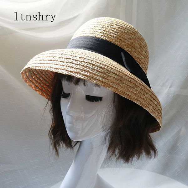 

2020 fashion summer sun hat visor straw bowknot hepburn style lampshade lady holiday beach bucket cap women outdoor hat, Blue;gray