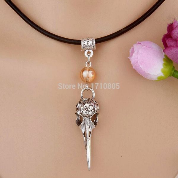 

горячий сплав древний серебряный череп птицы голова multicolor бисер шарм подвеска кожа веревка ожерелье женщины мужчины ювелирные изделия д, Silver