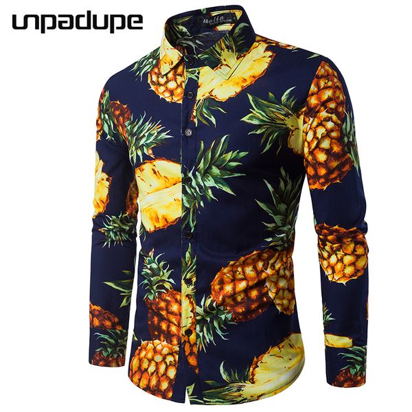 

new brand 2018 men shirt pineapple printing dress shirt long sleeve slim fit camisa masculina casual male hawaiian shirts xxl, White;black