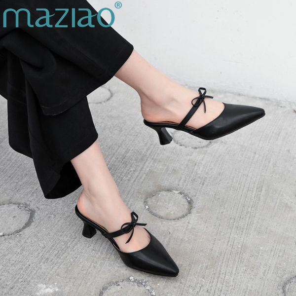 

women's shoes slippers summer pointed toe high heel basic femme with leather mules comfortable outside wearing lazy mules maziao, Black