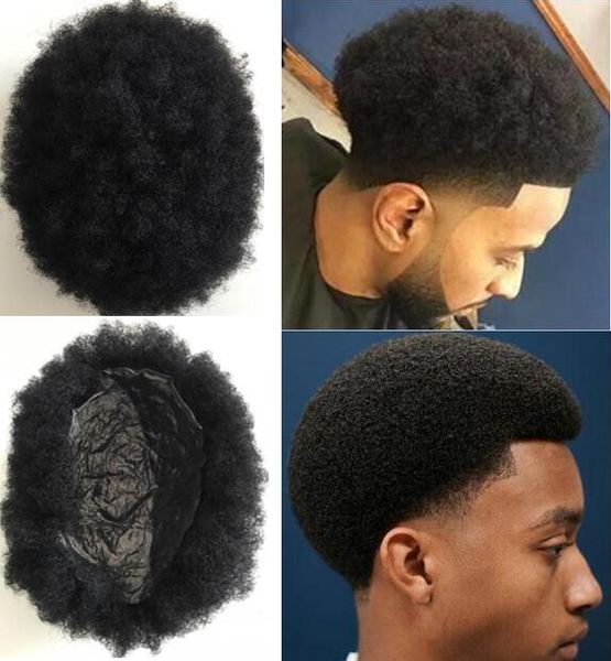 Herren-Haarsystem-Perücke, super volles, dünnes Haut-Afro-Haar-Toupet, tiefschwarz, Farbe Nr. 1, indisches reines Remy-Echthaar, Ersatz für Männer