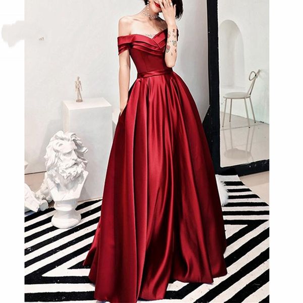 

off shoulder long evening dresses with pocket short sleeve satin prom party dress draped robe de soiree longue, Black;red