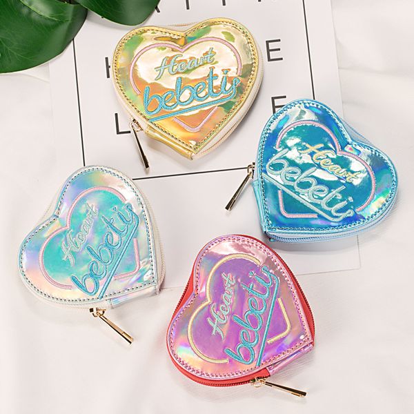

girls kids cute mini embroidery letter peach heart wallets coin key zipper purse bag handbag earphone storage pack paillette, White