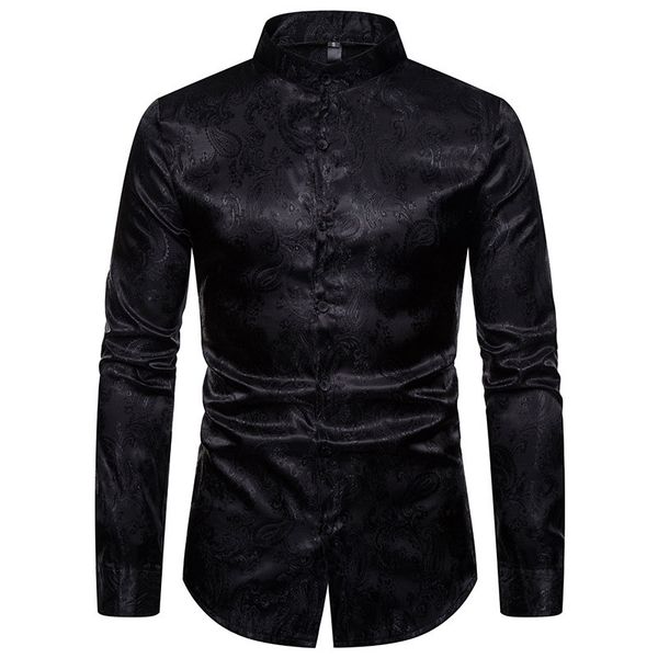 

men fashion shirt long comfortable streetwear slim social printed standing male fit collar brand sleeve clothing 2021 soft mhwje, Black