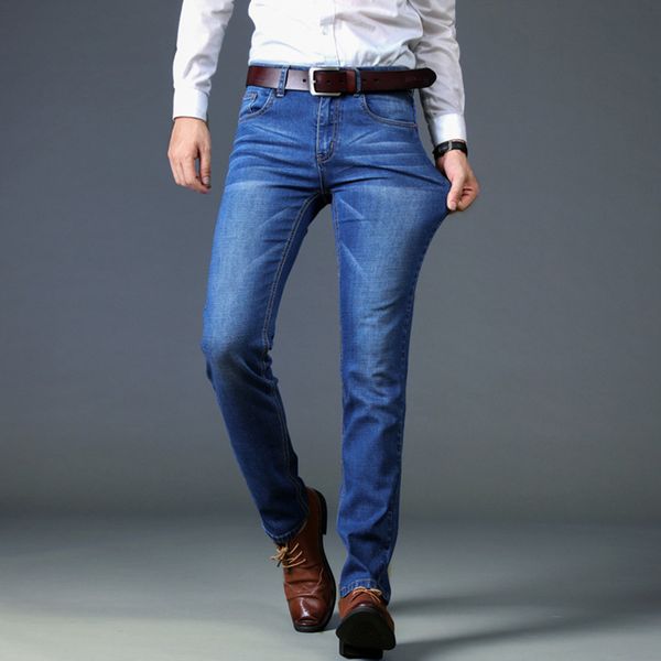 

jeans slim fit mid waist ironing straight pants elastic men's trousers, Blue