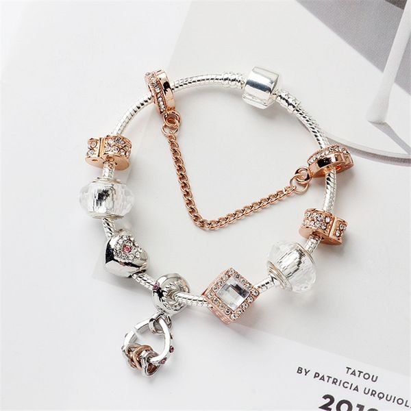 

charm beads bracelet 925 silver pandoa style bracelets heart to heart pendant accessories diy wedding jewelry valentine gift, Golden;silver