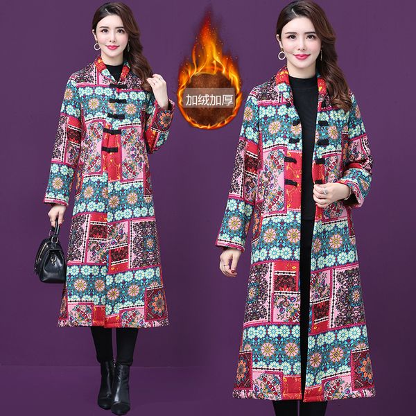 

winter new style ethnic-style women's dress large size mid-length cotton linen brushed and thick printed warm cotton coat trench, Blue;black