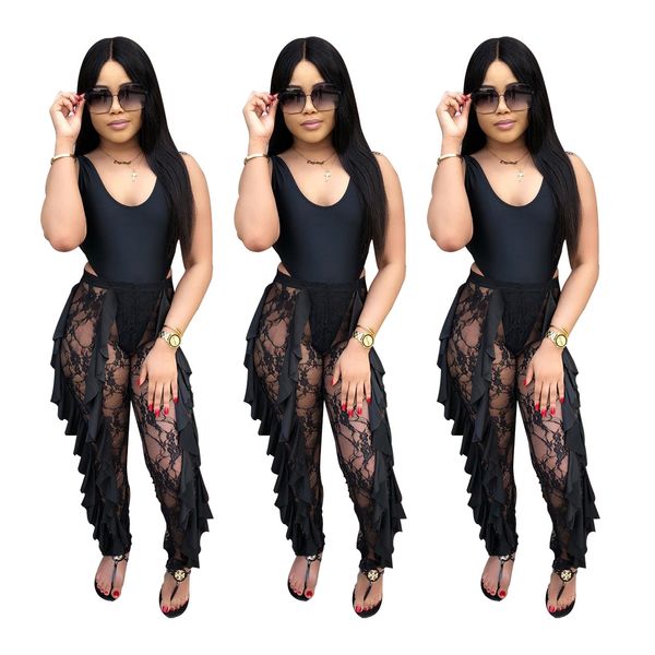 

2019 summer women pants long perspective black designer skinny pants for womens clothing tight-fitting trousers lace capris s-xl, Black;white
