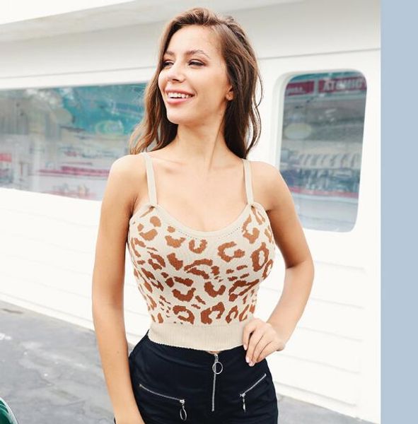 

autumn new women's leopard u-neck slim short knit sling vest, White
