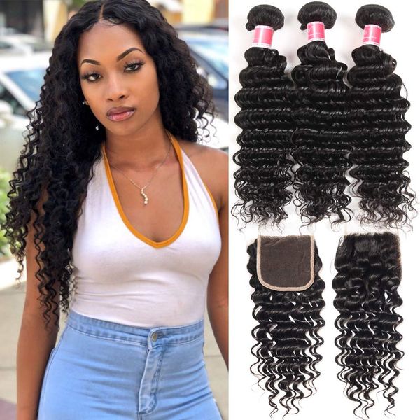 2019 Deep Curly Closure With 3 Bundles Malaysian Virgin Hair