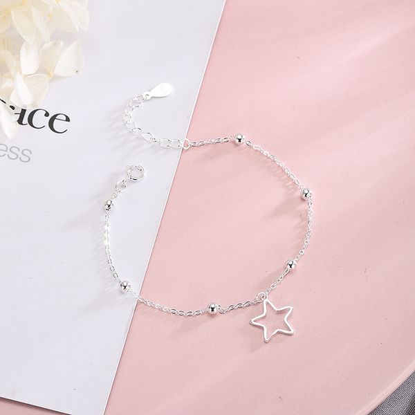 

sterling silver womens sweet cute beaded cut-out five-pointed star bracelet s925 silver korean jewelry womens valentines day gift, Black