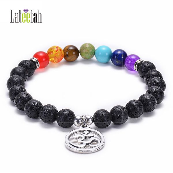 

lateefah natural stone colorful chakra bracelet lava volcanic rock essential oil bracelet om lotus life tree pendant, Black
