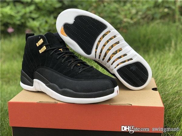 

new air authentic 12 reverse taxi real carbon fiber basketball shoes black gold suede upper retro man sports sneakers 130690-017