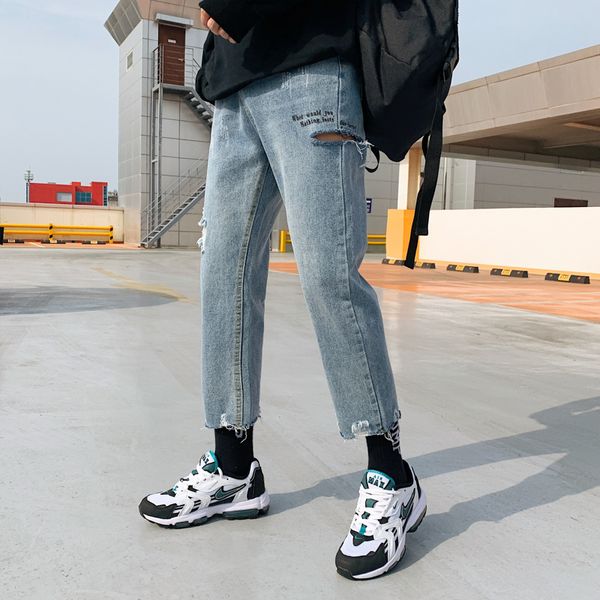 

2019 korean style men's restore holes casual pants tide baggy homme classic wash jeans light blue color biker denim trousers