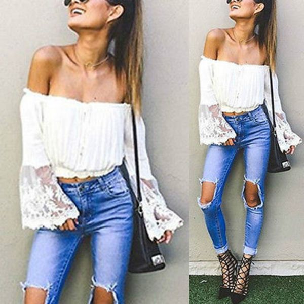

fashion women off shoulder chiffon shirt tassels boho white crop blouse